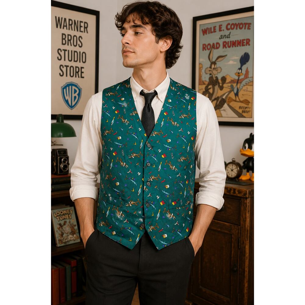Vintage 1995 Warner Bros Studio Store Wile E. Coyote Road Runner Silk Vest L